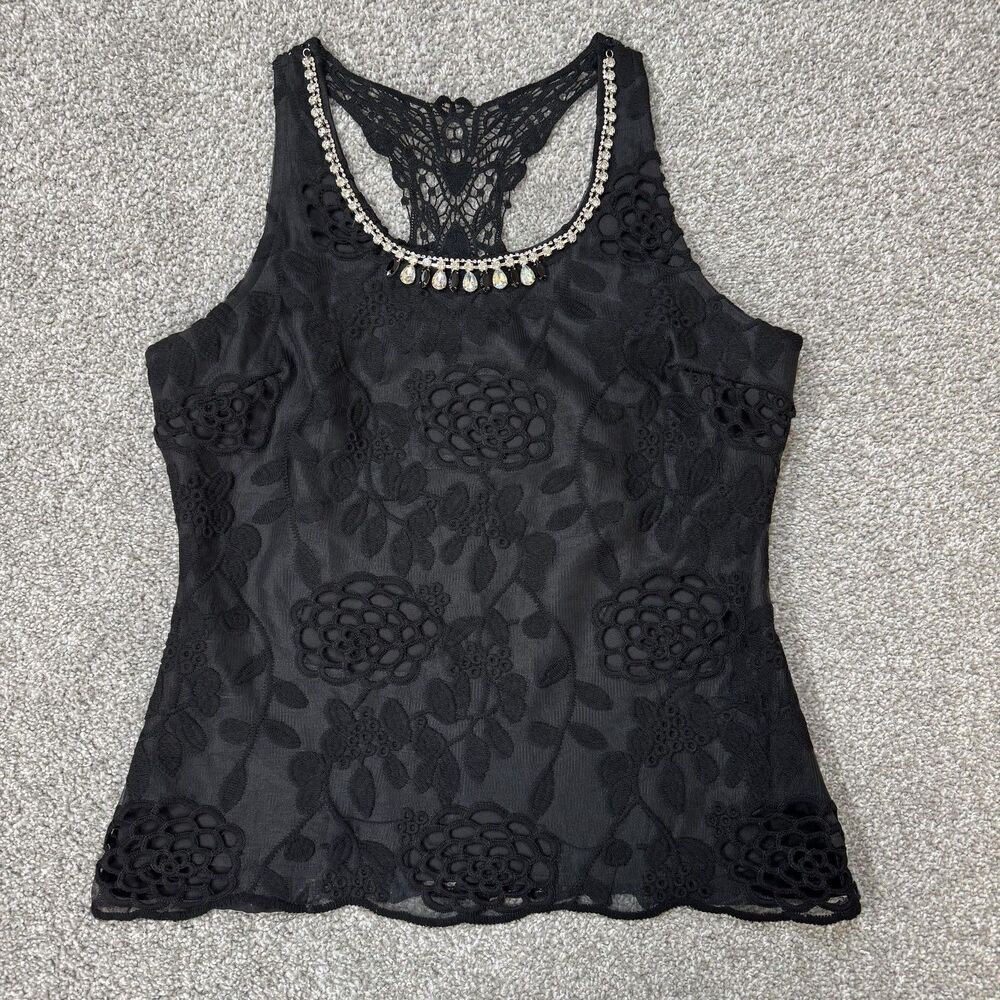 Lulumari Tank Top Womens Large Black Lace Crochet Beaded Cami Party Grunge Punk